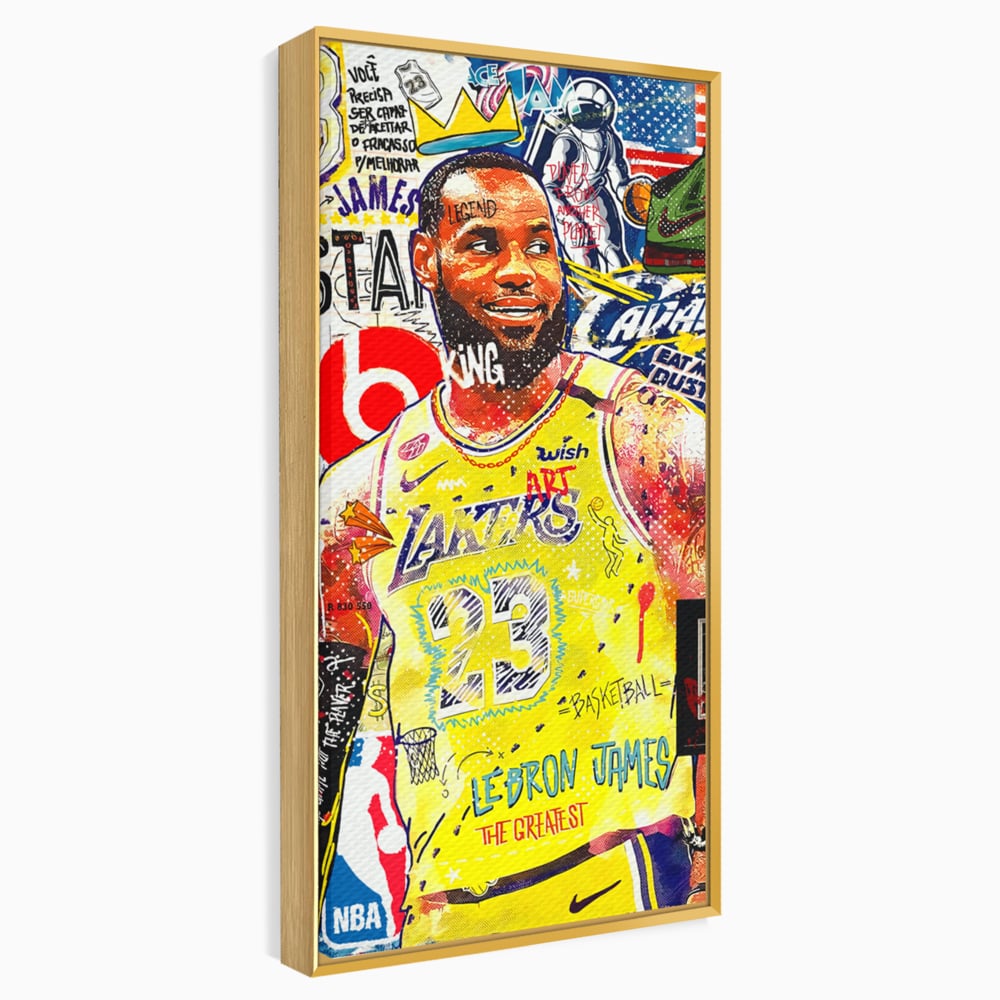 Tablou canvas cu tablou canvas cu portretul lui lebron james, in rama de aluminiu auriu